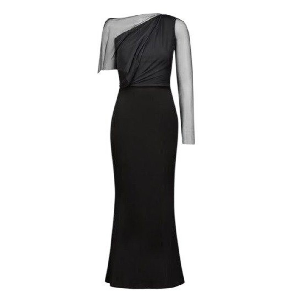 Marcella NYC Womens Medium Black Valeria One Shoulder Mesh Ponte Maxi Gown Dress